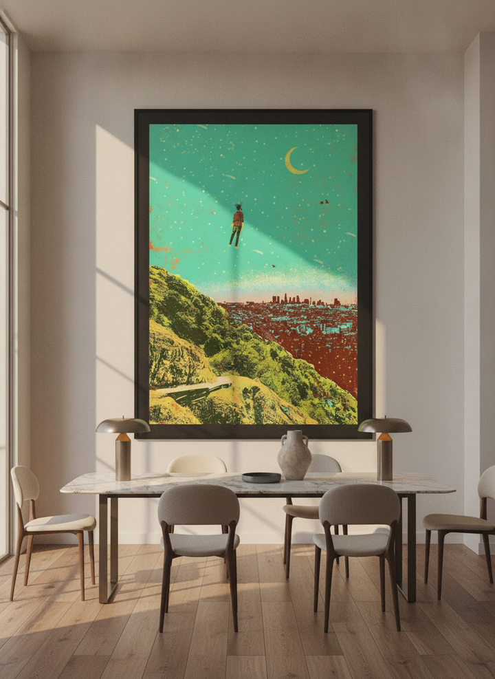 Oversized statement modern wall art print styled on the wall in a luxe dining room