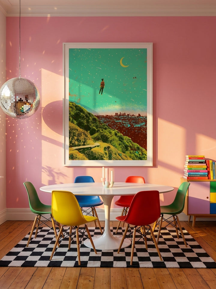 Oversized statement modern wall art print styled on the wall in a colourful eclectic dining room