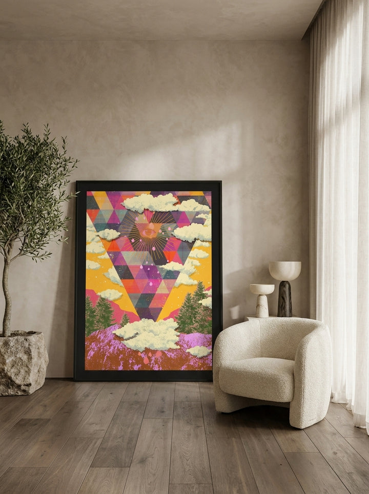 Oversized statement modern wall art print leaning against the wall in a luxe dining room