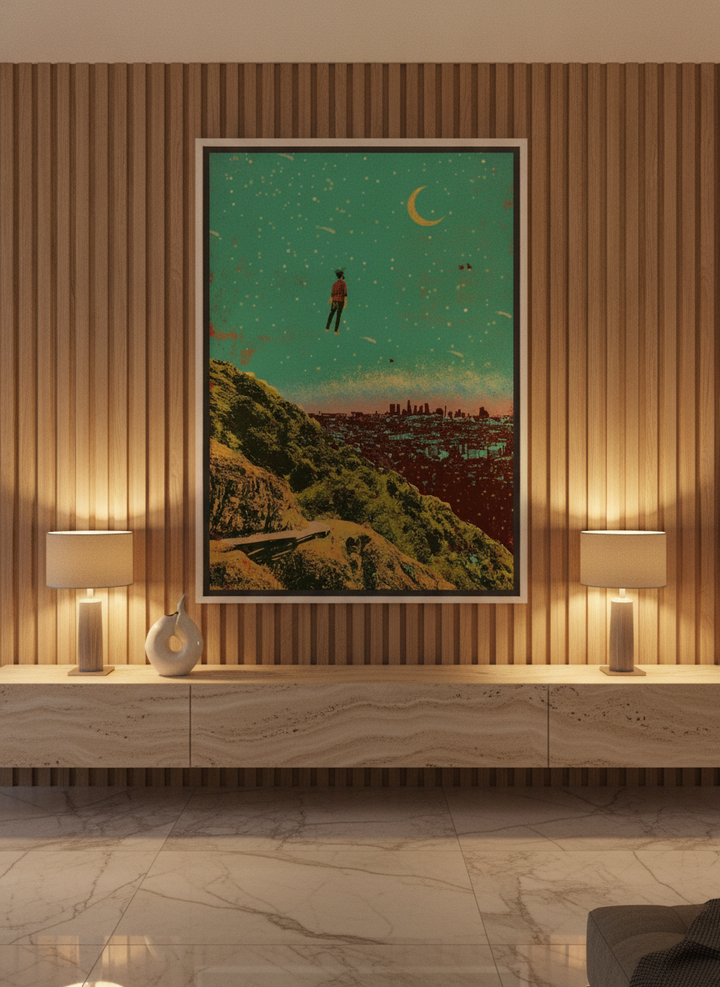 Oversized statement canvas wall art with a white surround styled on the wall in a luxe living room