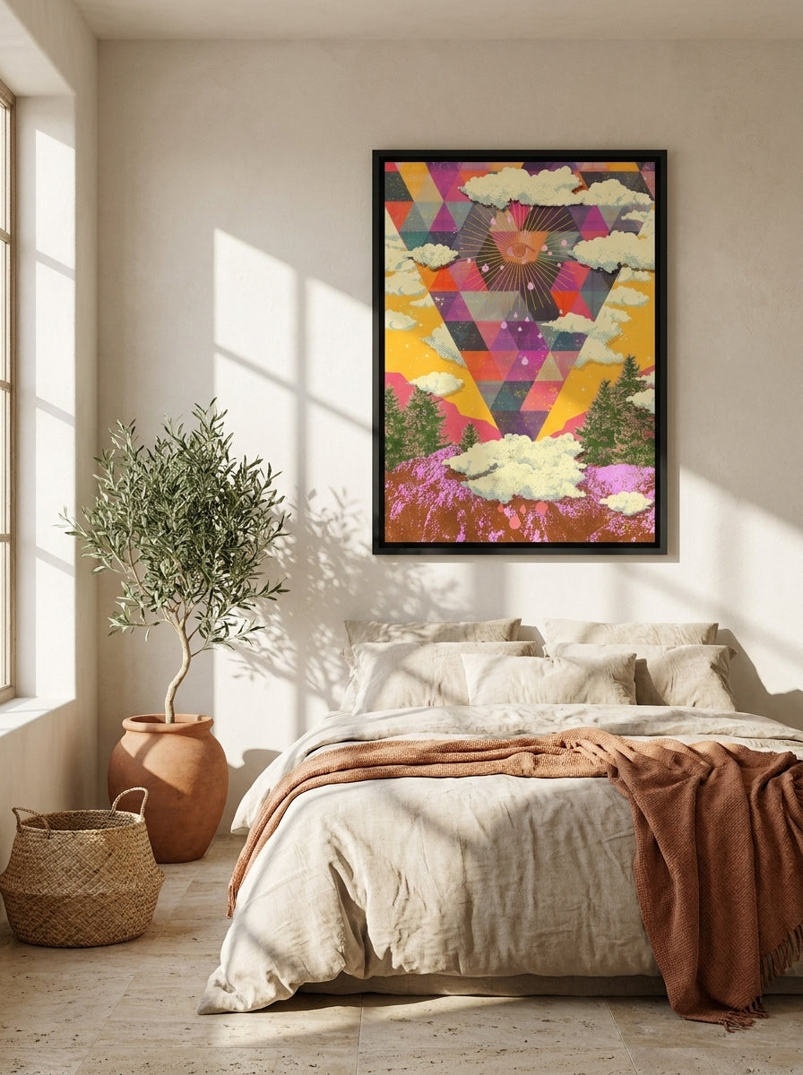 Canvas wall art with a black surround styled on the wall in a Mediterranean bedroom