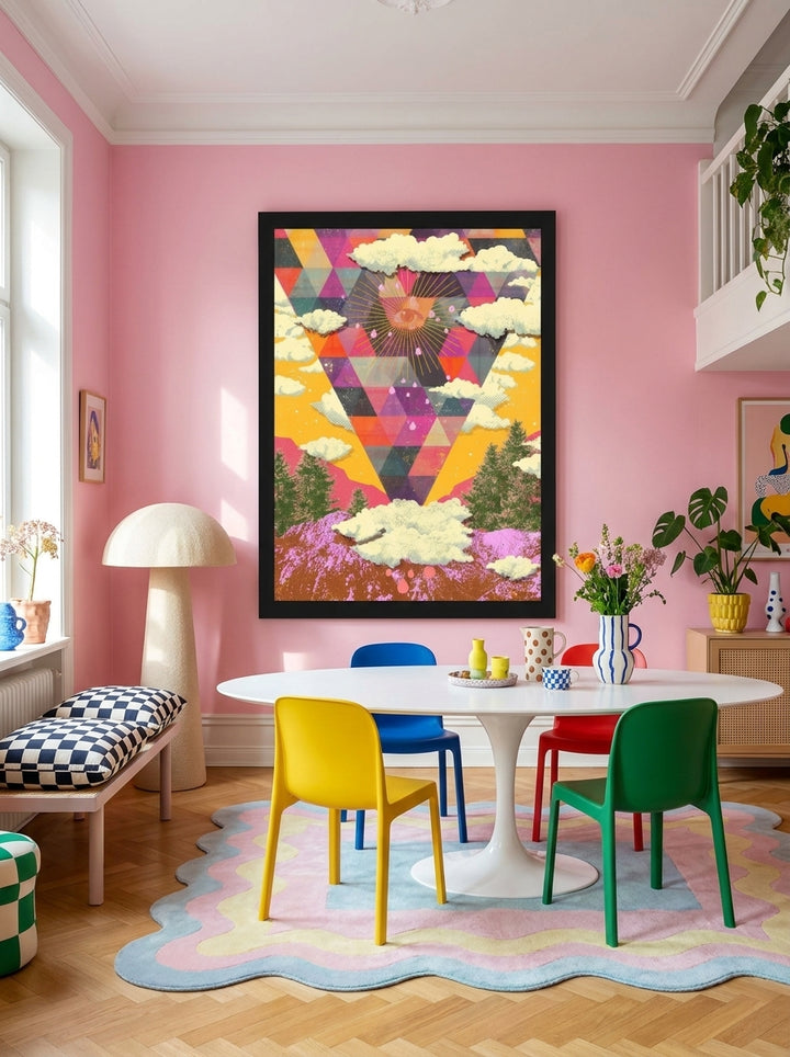 Oversized statement modern wall art print styled on the wall in a colourful eclectic dining room