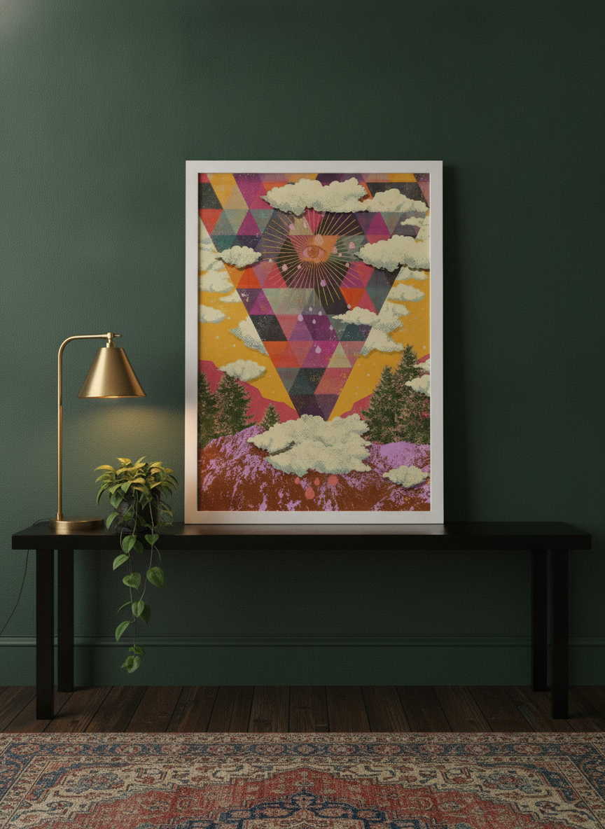 Modern wall art print standing on a console in a moody home office