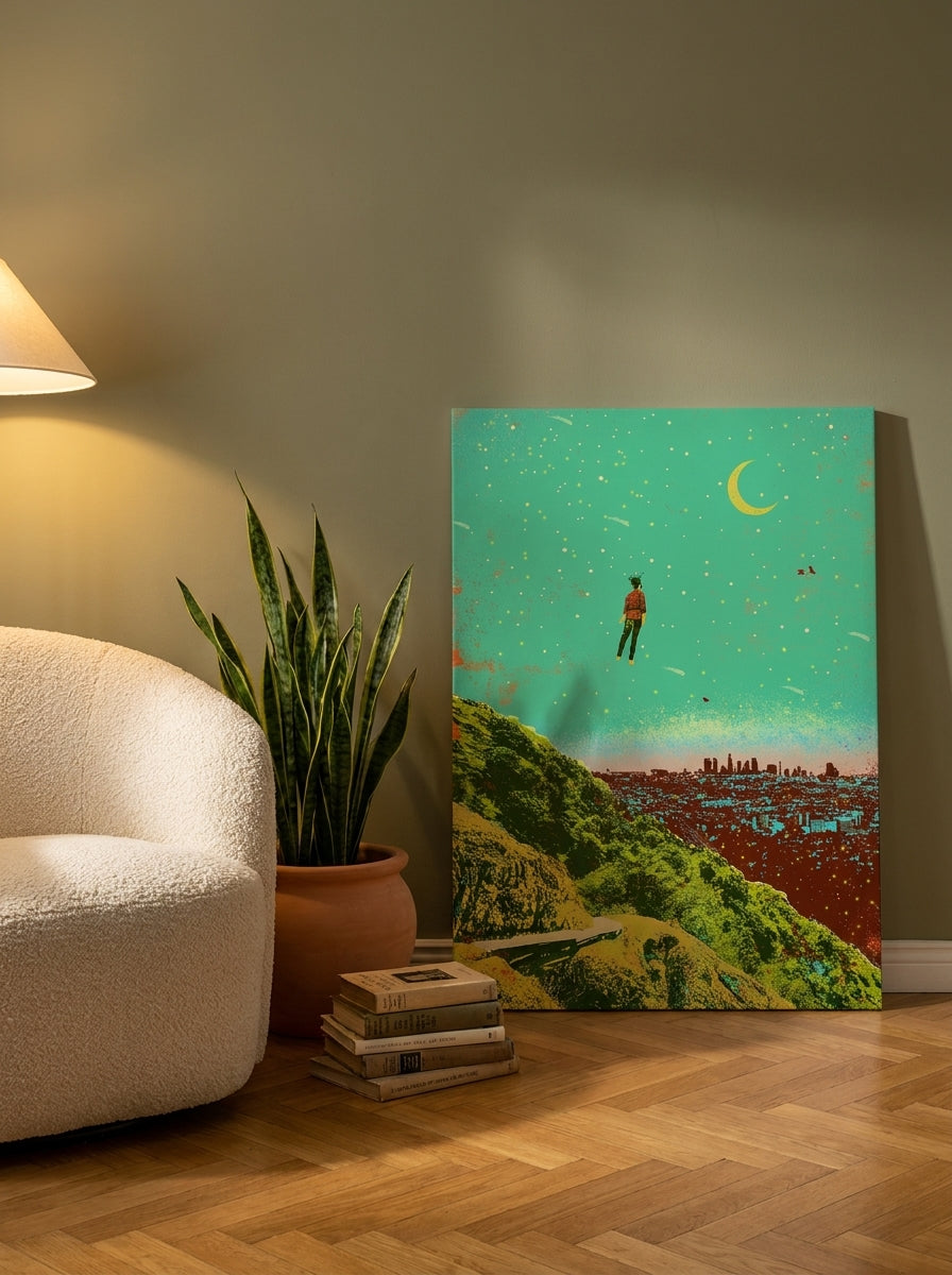 Stretched canvas wall art leaning against the wall in a mid-century home office