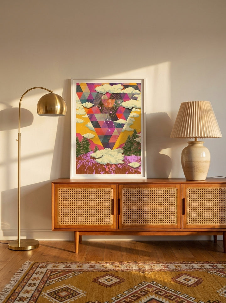 Modern wall art print standing on a sideboard in a mid-century living room