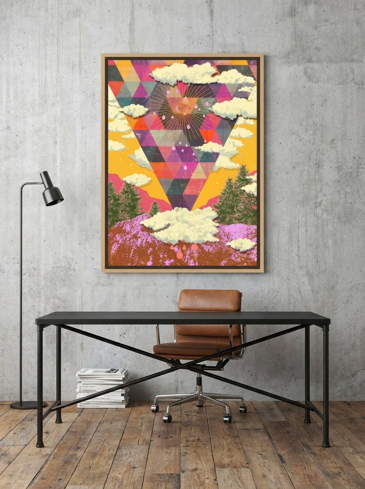 Canvas wall art with a natural timber surround styled on the wall in an industrial loft home office