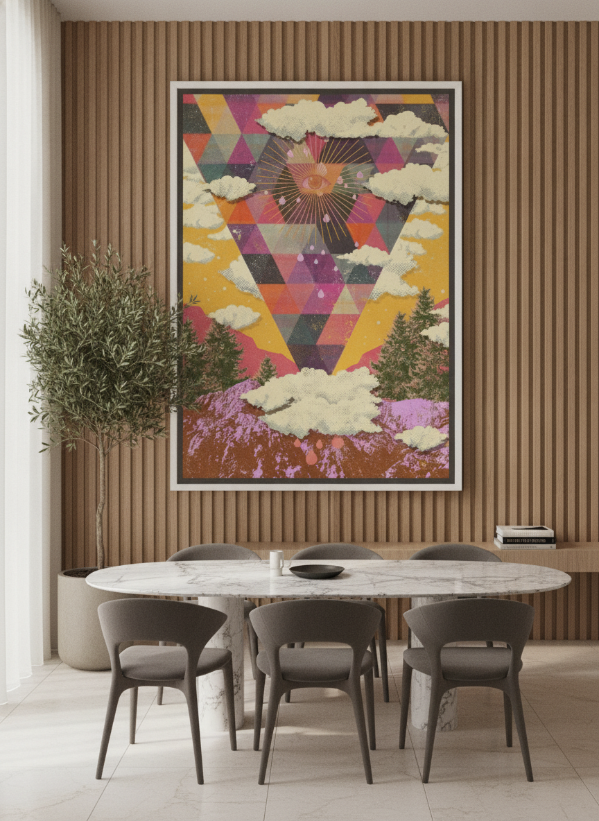 Oversized statement canvas wall art with a white surround styled on the wall in a luxe dining room