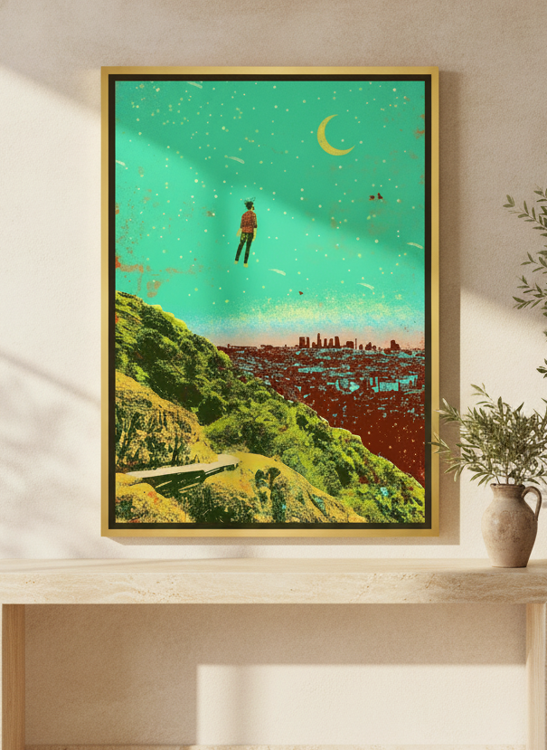 Canvas wall art with a gold leaf surround standing on a console in a Mediterranean living room