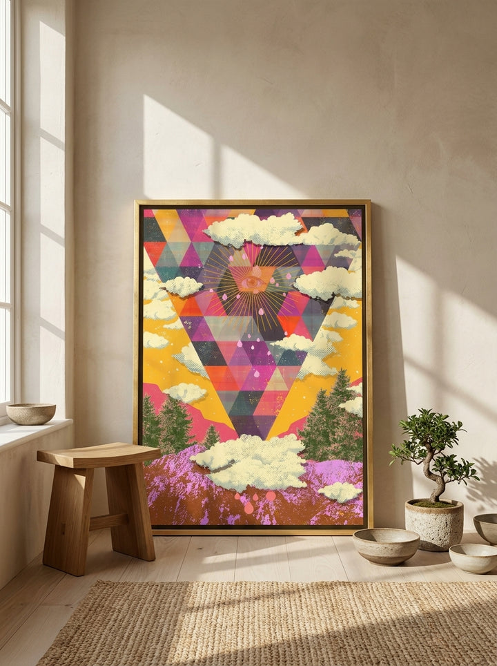 Canvas wall art with a gold leaf surround leaning against the wall in a warm Japandi living room