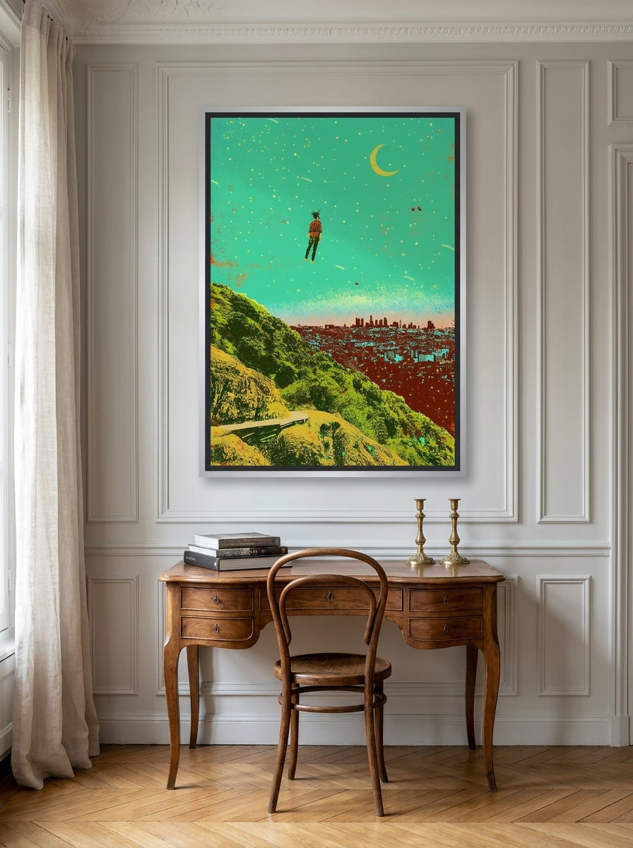 Canvas wall art with a silver leaf surround styled on the wall in a Parisian home office