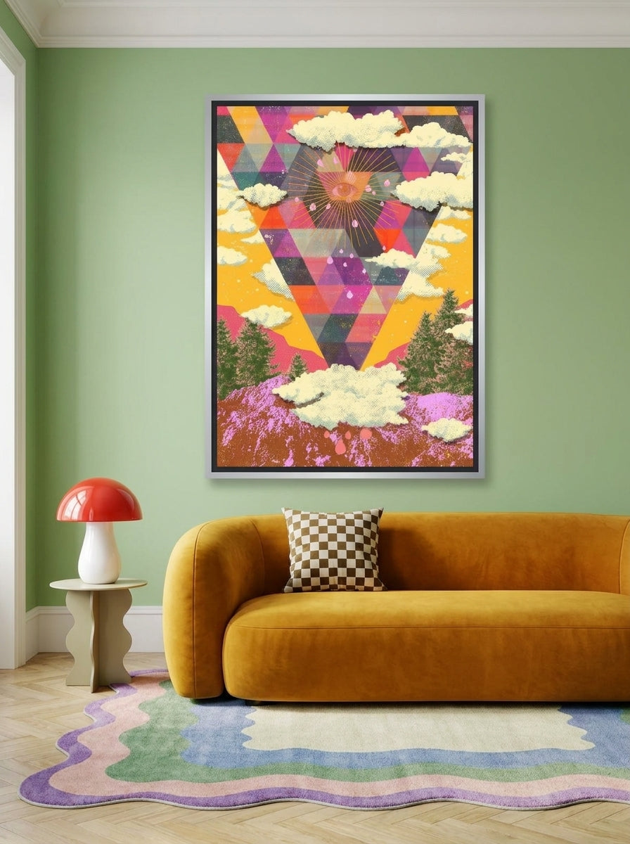 Oversized statement canvas wall art with a silver leaf surround styled on the wall in a colourful eclectic living room