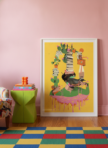 Modern wall art print leaning against the wall in a colourful eclectic bedroom