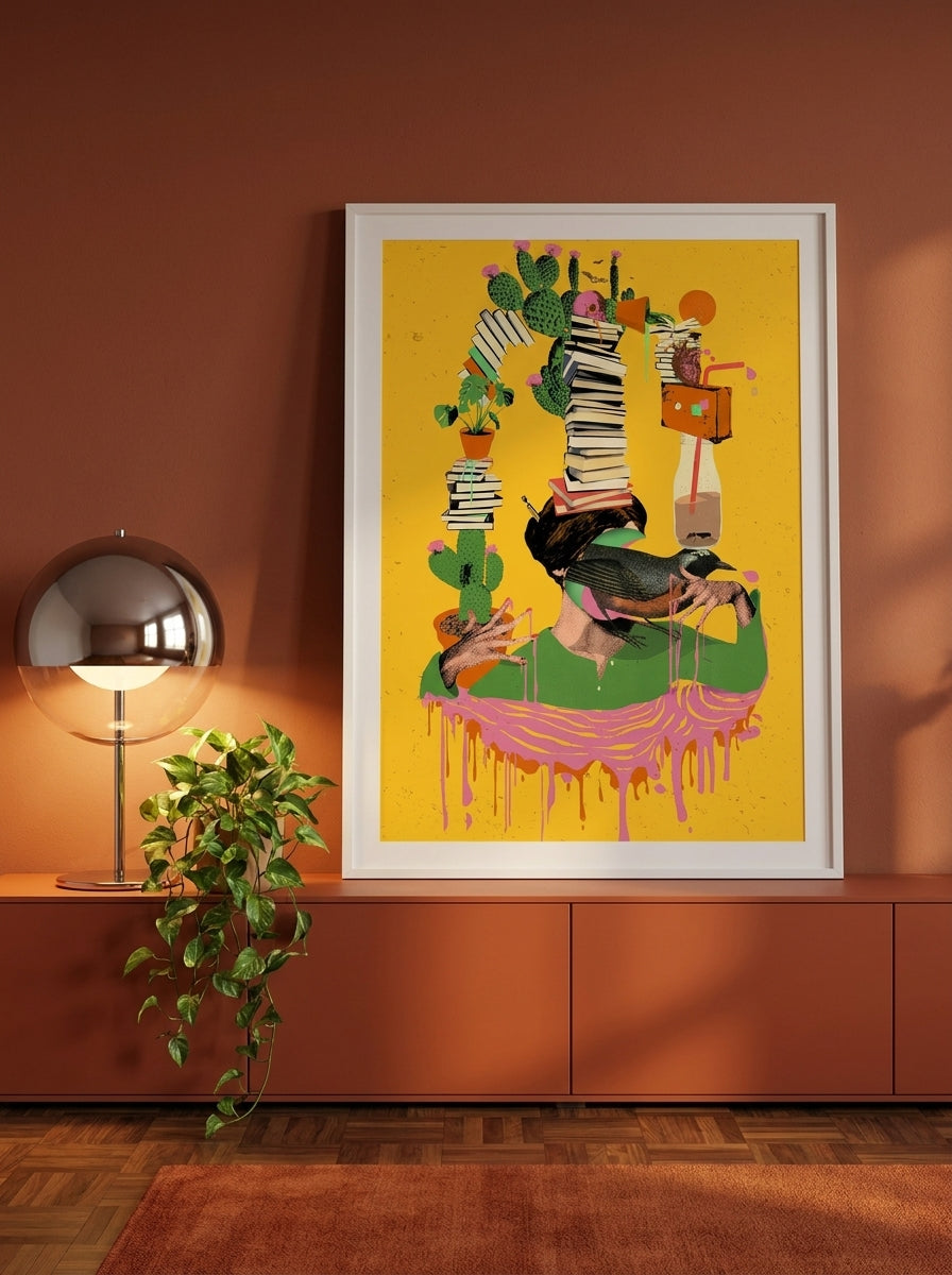 Modern wall art print standing on a sideboard in a retro 70s home office