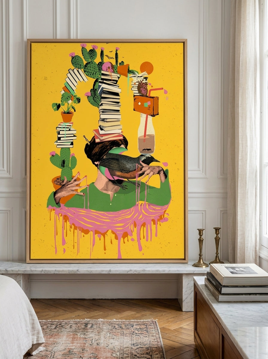 Canvas wall art with a natural timber surround standing on a console in a Parisian bedroom