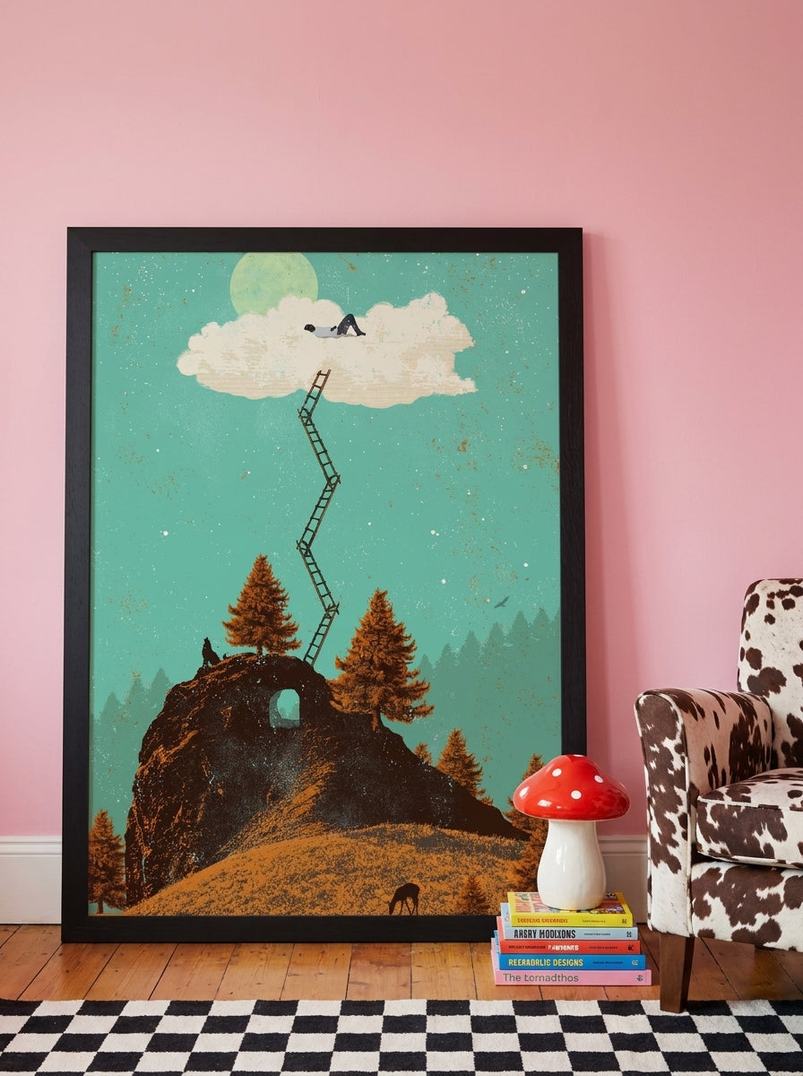 Oversized statement modern wall art print leaning against the wall in a colourful eclectic home office