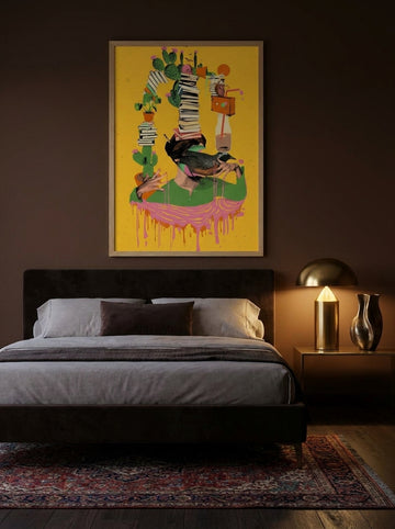 Modern wall art print styled on the wall in a moody bedroom
