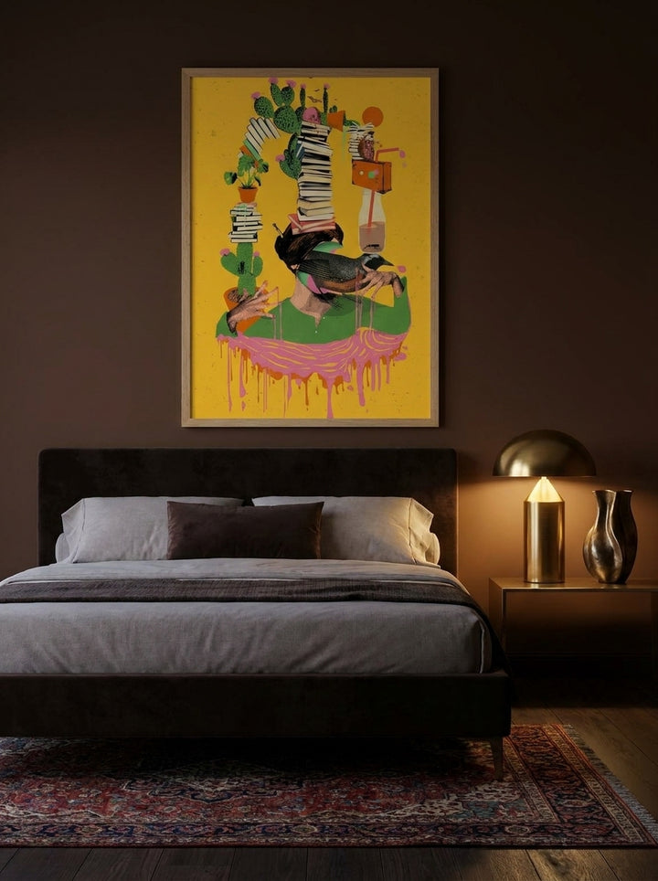 Modern wall art print styled on the wall in a moody bedroom