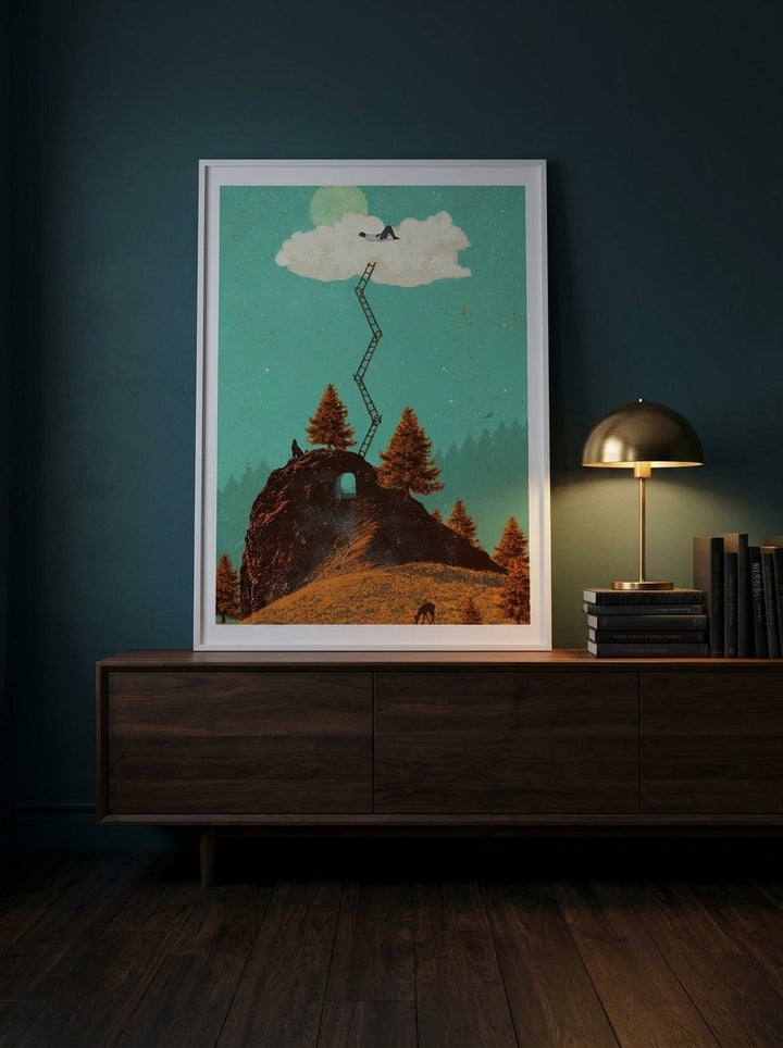 Modern wall art print standing on a sideboard in a moody bedroom