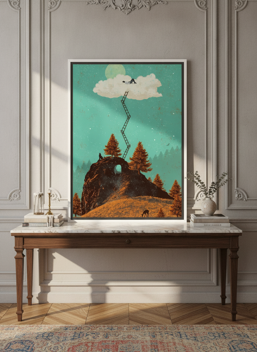 Canvas wall art with a white surround standing on a console in a Parisian home office