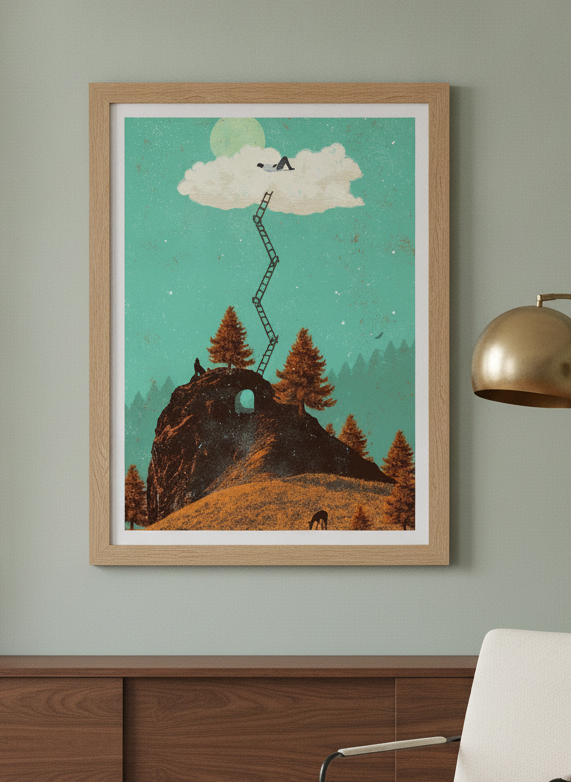 Modern wall art print styled on the wall in a mid-century living room