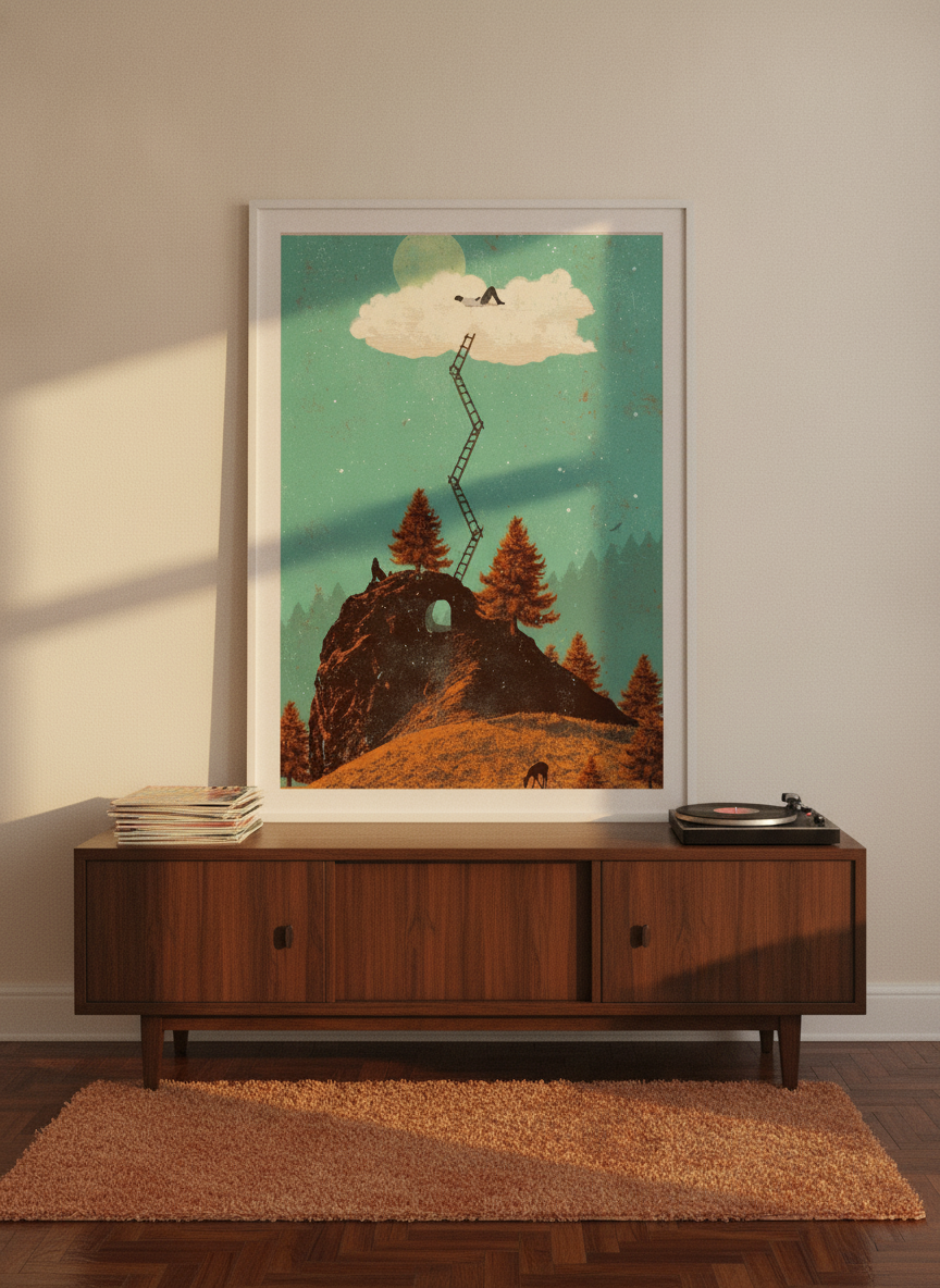 Modern wall art print standing on a sideboard in a retro 70s home office