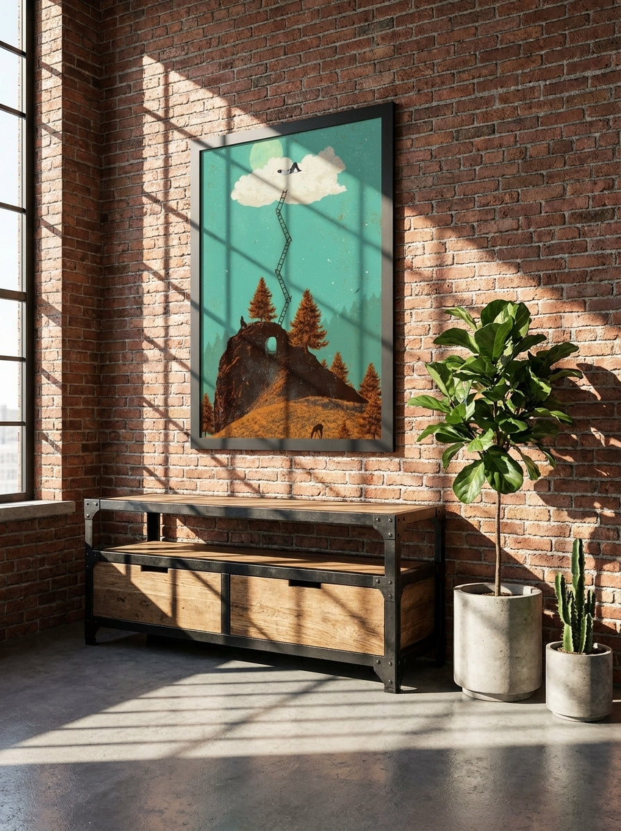 Modern wall art print styled on the wall in an industrial loft living room