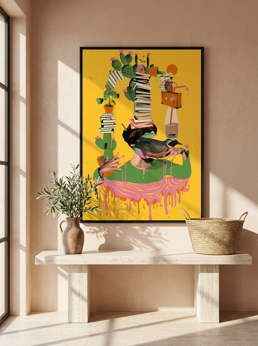 Oversized statement canvas wall art with a black surround styled on the wall in a Mediterranean living room