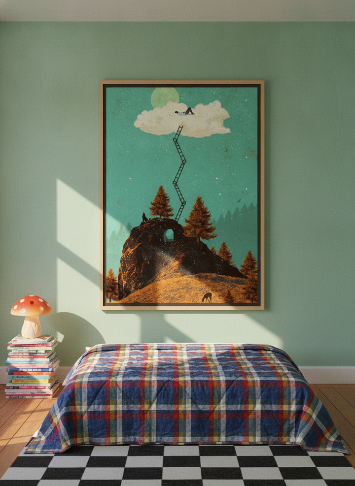Oversized statement canvas wall art with a natural timber surround styled on the wall in a colourful eclectic bedroom