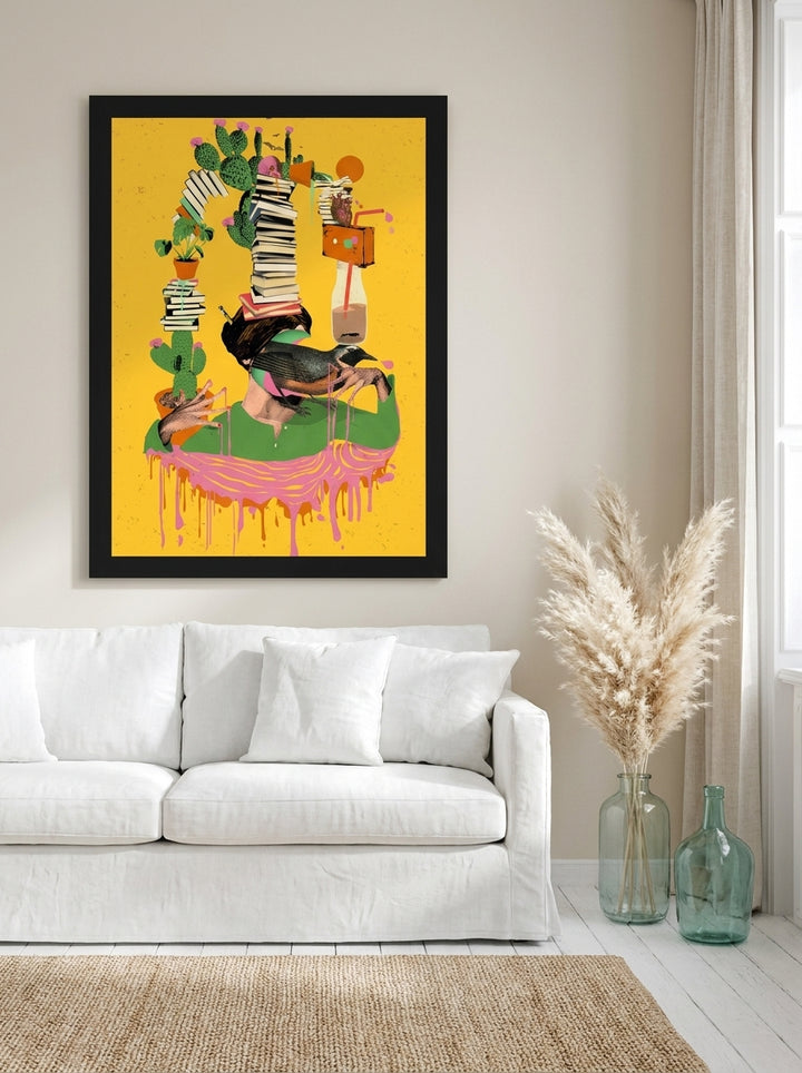 Oversized statement modern wall art print styled on the wall in a coastal living room