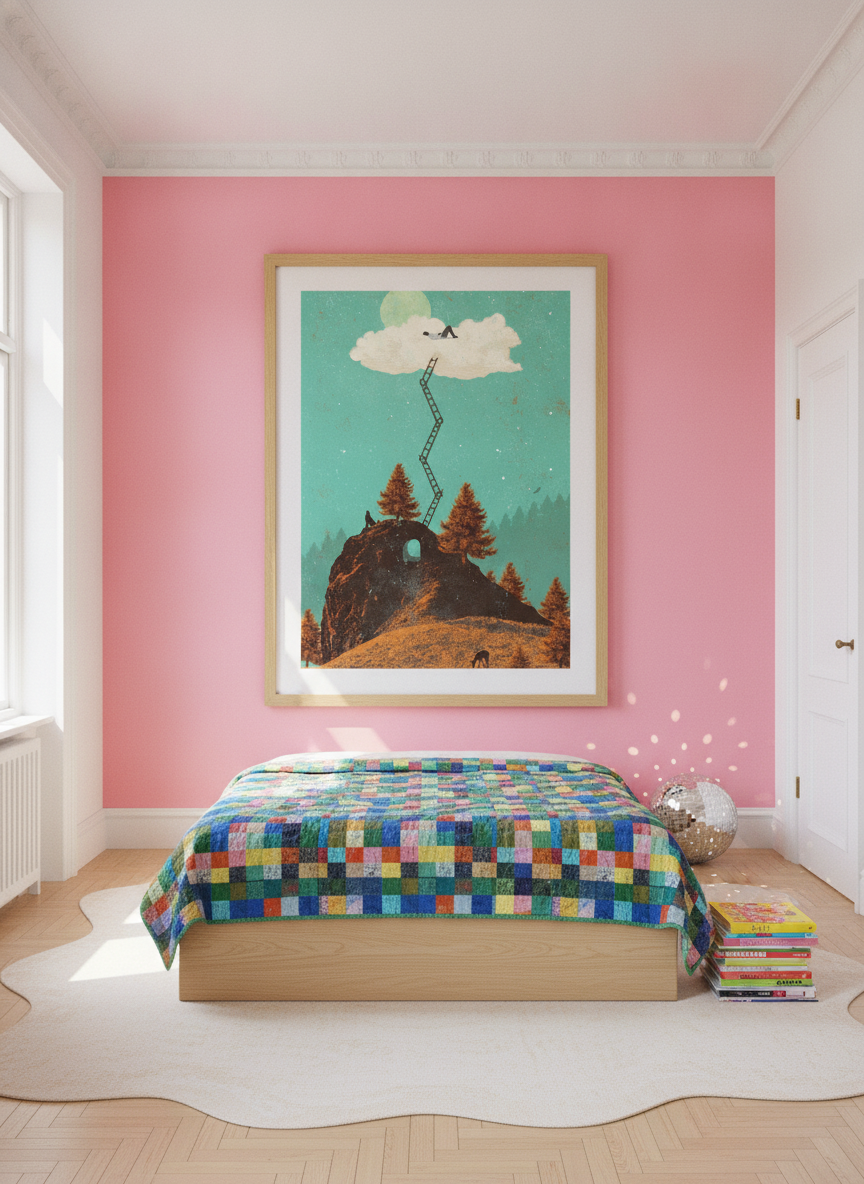 Oversized statement modern wall art print styled on the wall in a colourful eclectic bedroom
