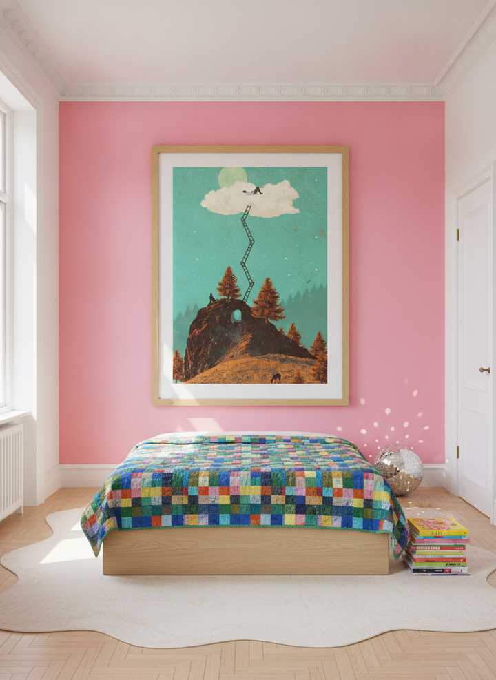 Oversized statement modern wall art print styled on the wall in a colourful eclectic bedroom