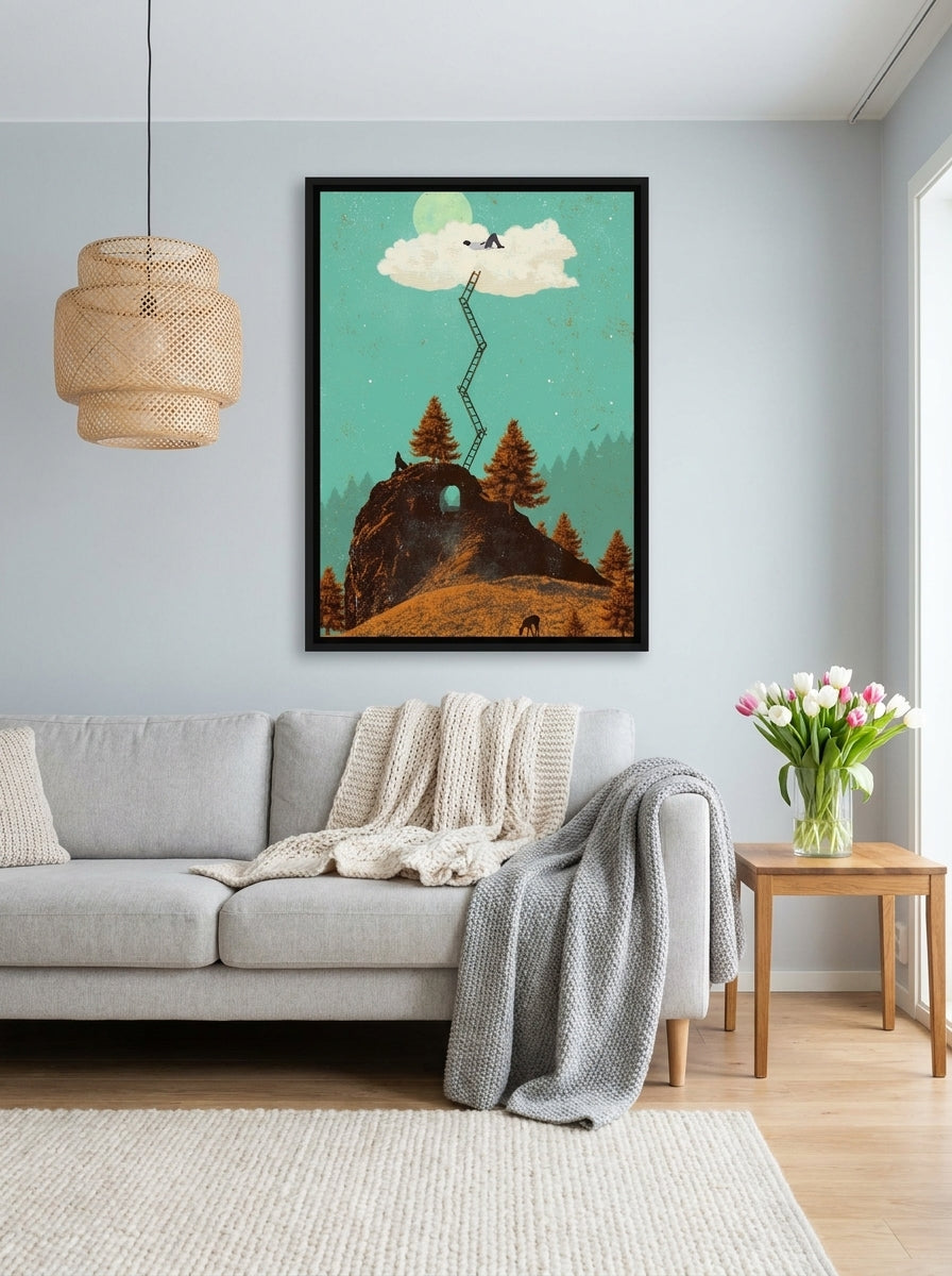 Canvas wall art with a black surround styled on the wall in a bright Scandinavian living room