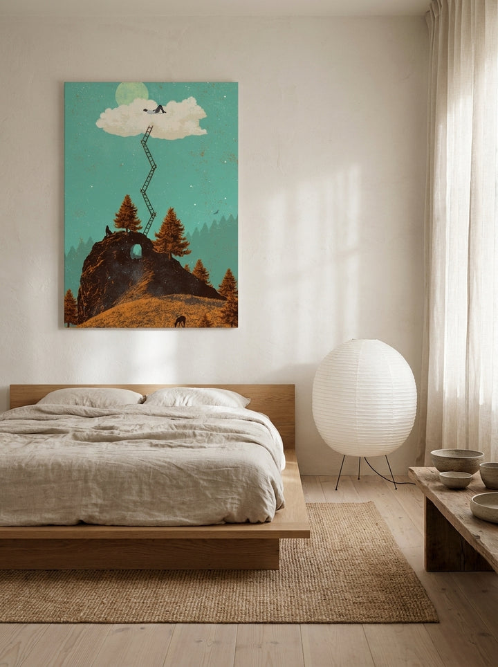 Stretched canvas wall art styled on the wall in a warm Japandi bedroom