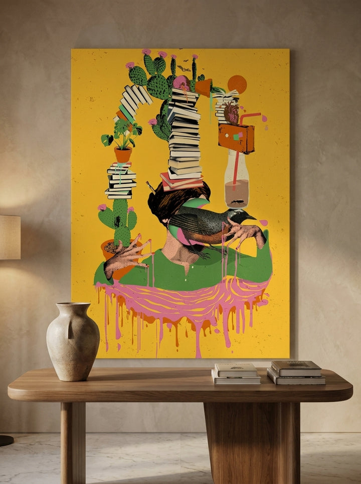 Stretched canvas wall art styled on the wall in a luxe home office