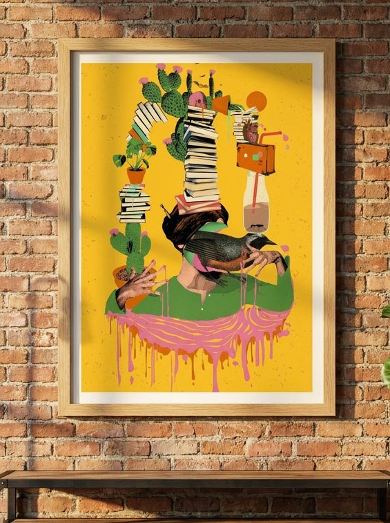 Modern wall art print styled on the wall in an industrial loft living room
