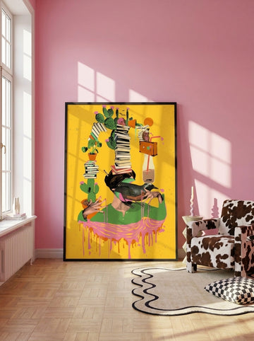 Oversized statement modern wall art print leaning against the wall in a colourful eclectic dining room