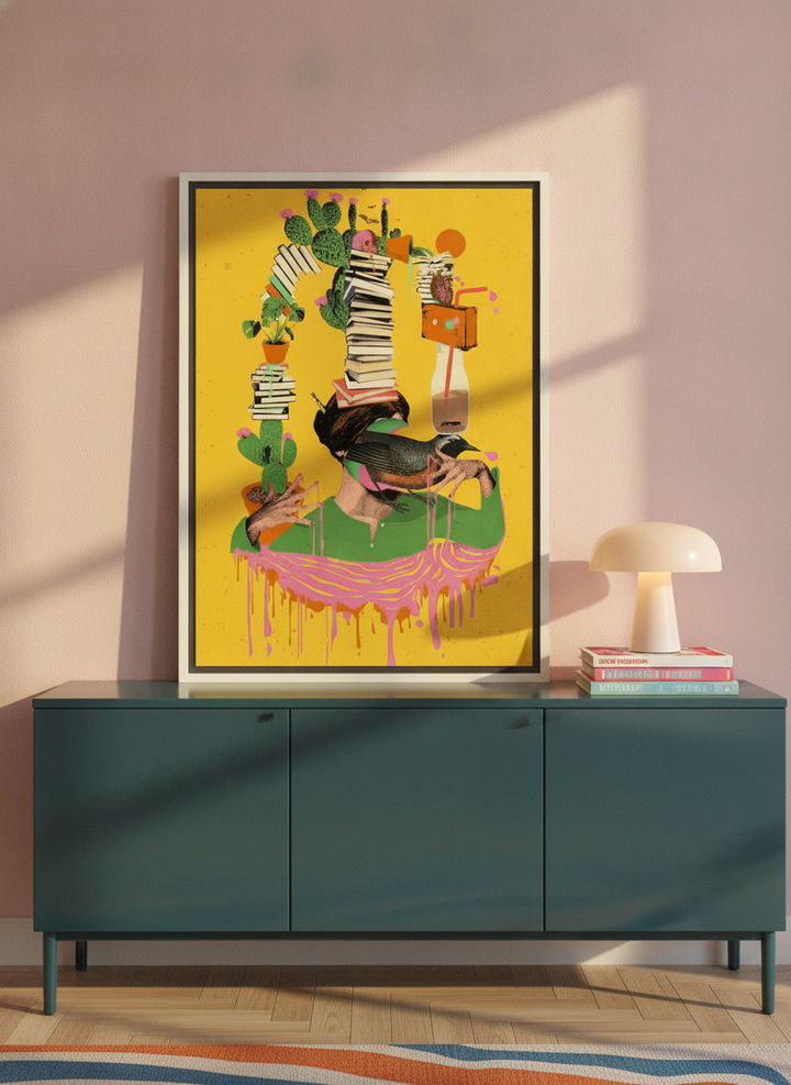 Canvas wall art with a white surround standing on a sideboard in a colourful eclectic dining room