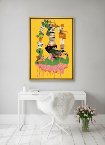 Oversized statement canvas wall art with a gold leaf surround styled on the wall in a bright Scandinavian home office