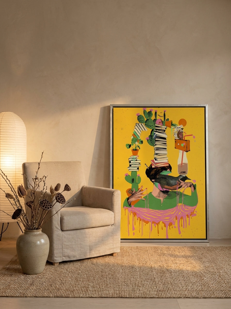 Canvas wall art with a silver leaf surround leaning against the wall in a warm Japandi bedroom
