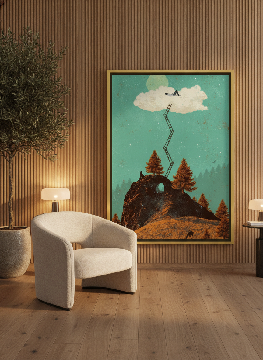 Canvas wall art with a gold leaf surround leaning against the wall in a luxe bedroom