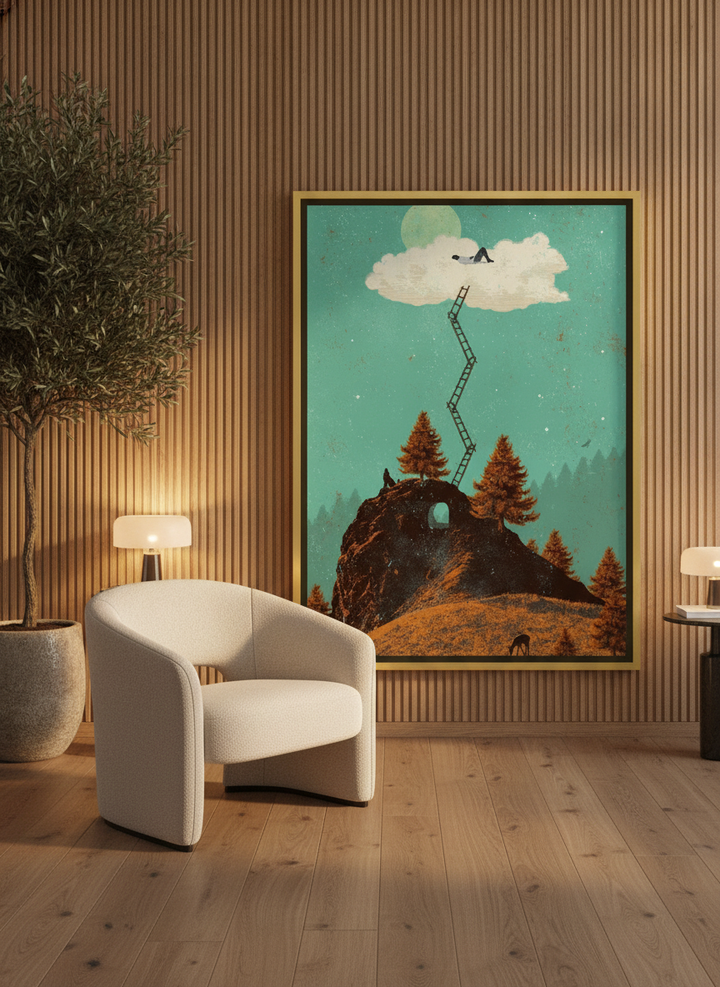 Canvas wall art with a gold leaf surround leaning against the wall in a luxe bedroom