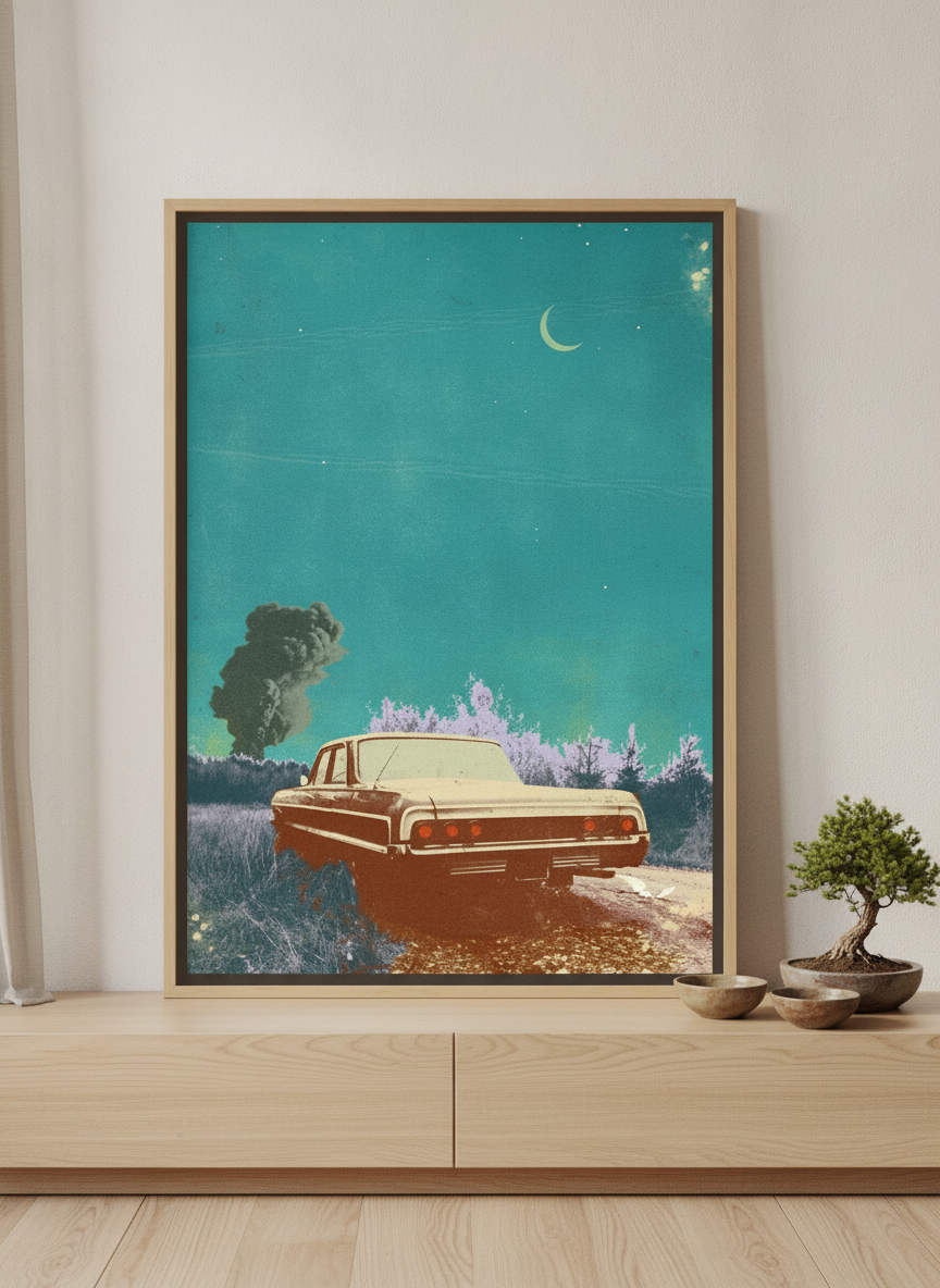 Canvas wall art with a natural timber surround standing on a sideboard in a warm Japandi bedroom