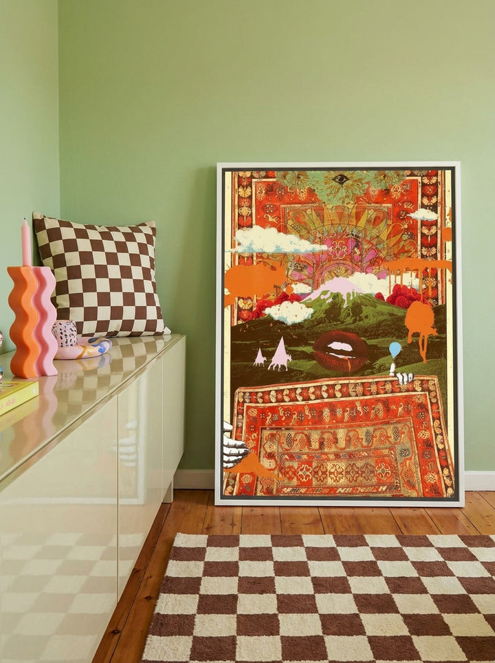 Canvas wall art with a white surround standing on a sideboard in a colourful eclectic bedroom