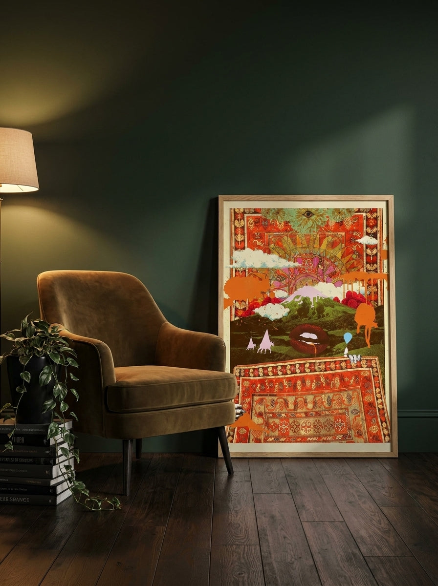 Modern wall art print leaning against the wall in a moody bedroom