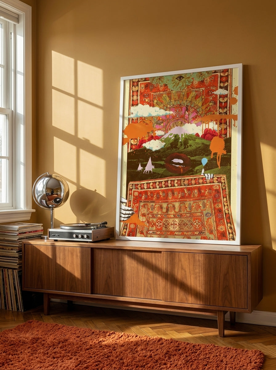 Modern wall art print standing on a sideboard in a retro 70s home office