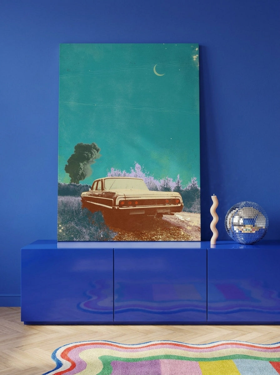 Stretched canvas wall art standing on a sideboard in a colourful eclectic bedroom
