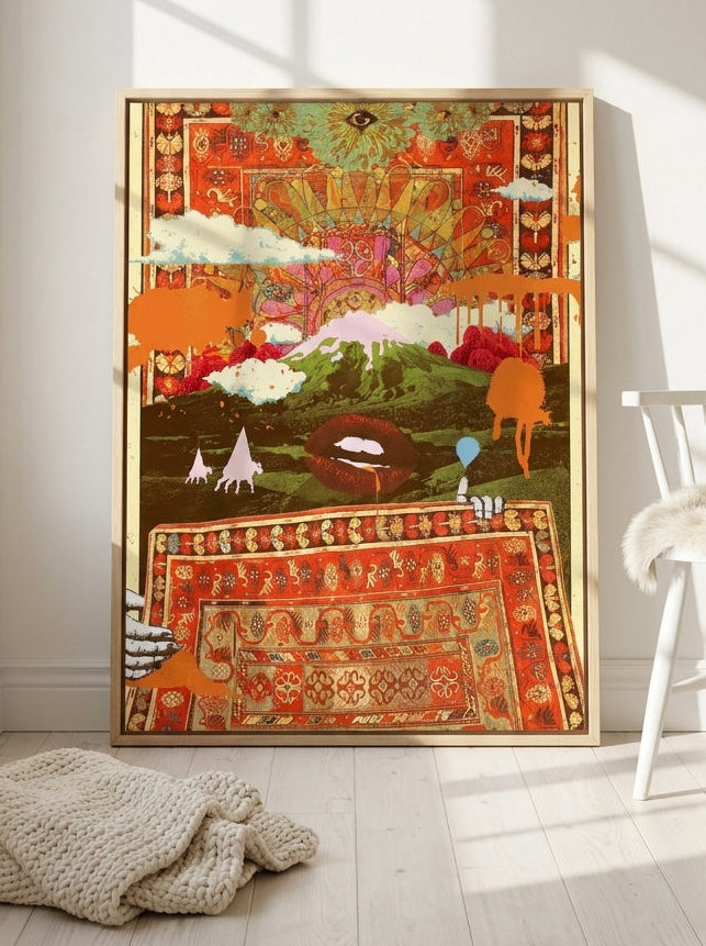 Canvas wall art with a natural timber surround leaning against the wall in a bright Scandinavian bedroom