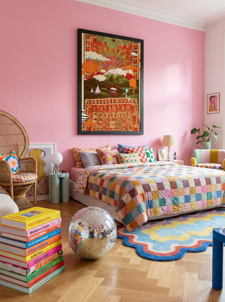 Oversized statement modern wall art print styled on the wall in a colourful eclectic bedroom