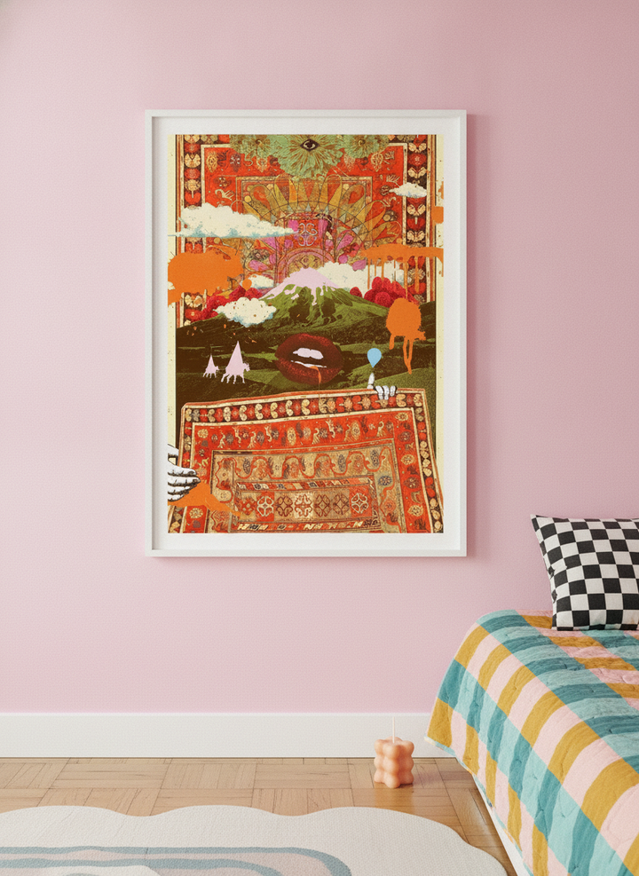 Modern wall art print styled on the wall in a colourful eclectic bedroom
