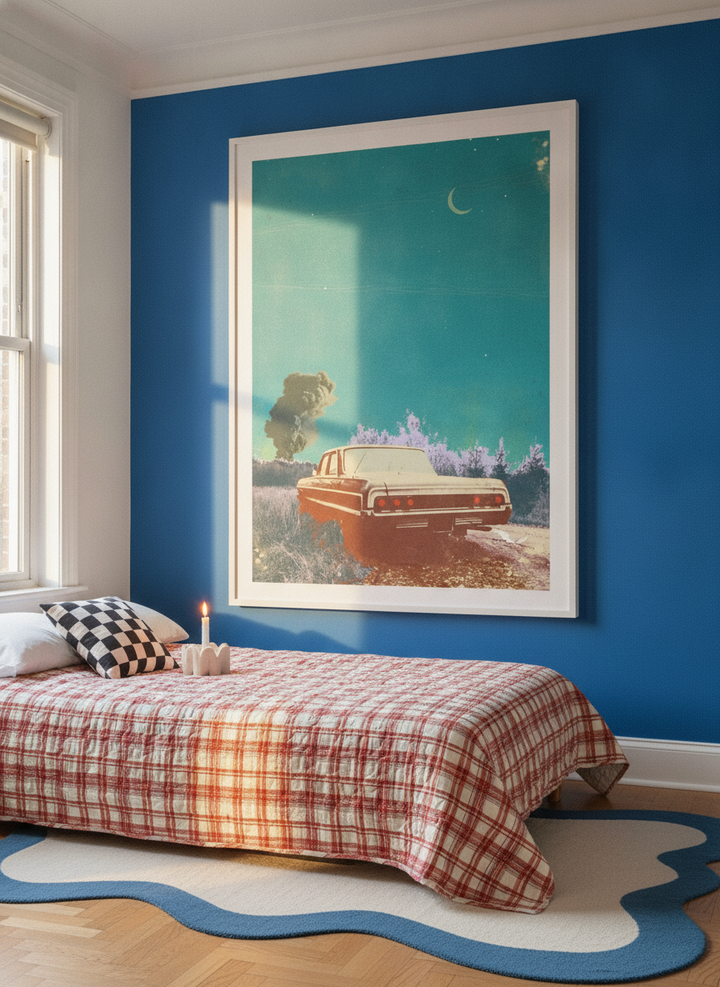 Oversized statement modern wall art print styled on the wall in a colourful eclectic bedroom